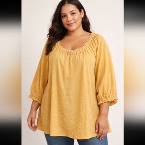 Max Studio 3X Mustard Boho Peasant Blouse Ruffle Neck Gauze  Cottagecore Curvy